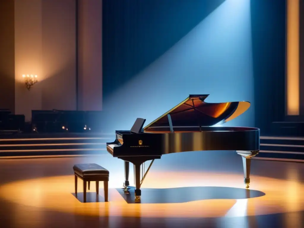 Escenario de concierto minimalista iluminado con un foco sobre un piano de cola