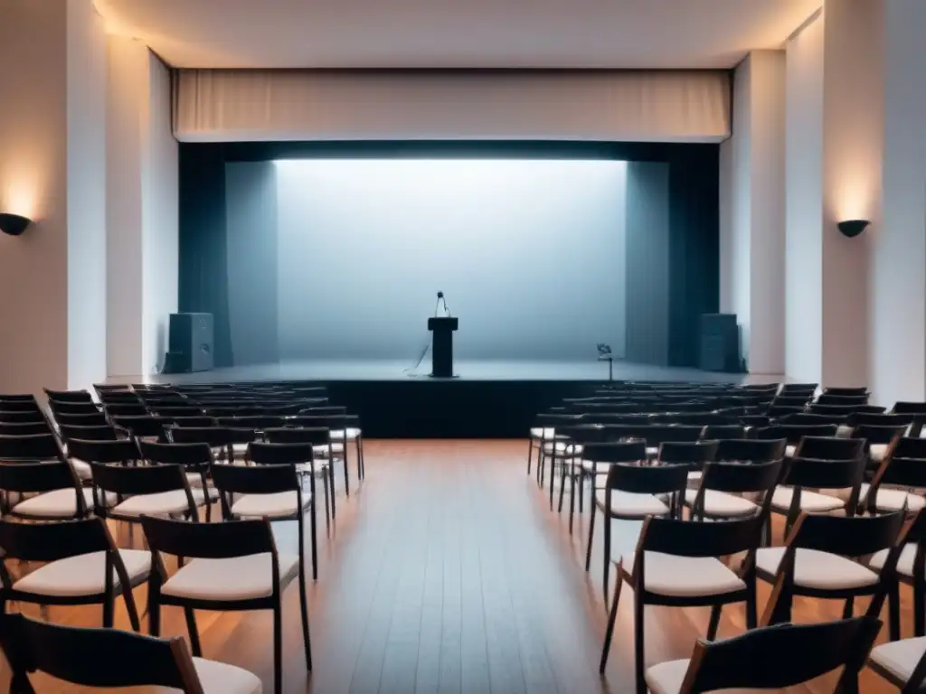 Escenario elegante y minimalista para eventos poéticos, con filas de sillas vacías y un micrófono en el centro