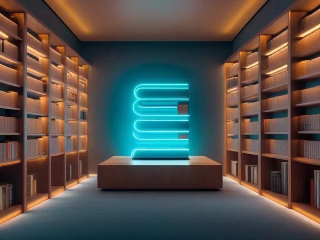 Escenario futurista de una biblioteca virtual con libros de poesía digital tecnológica flotantes