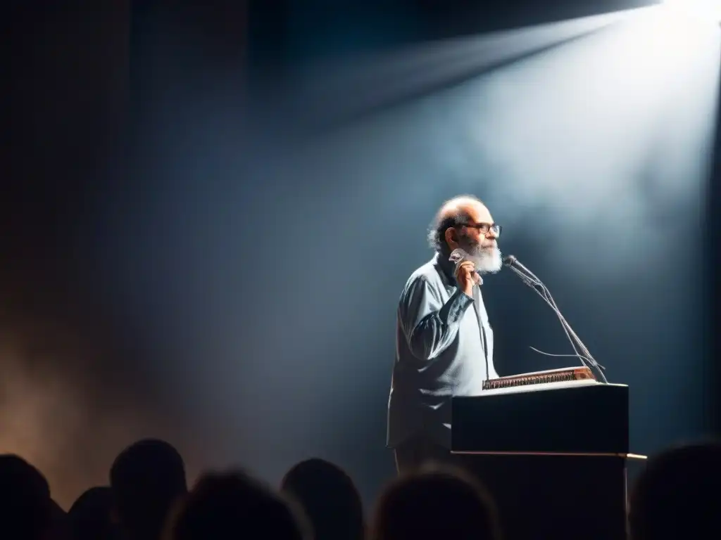 Allen Ginsberg recitando poesía en un escenario, iluminado por un foco, capturando la esencia de la poesía lírica