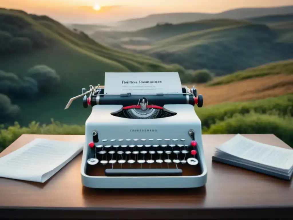Un escenario de inspiración: una máquina de escribir rodeada de versos poéticos, con un paisaje sereno al fondo