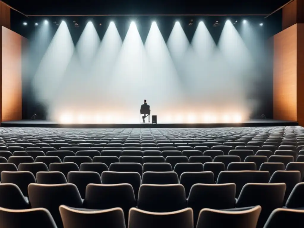 Un escenario minimalista en blanco y negro para eventos líricos, con sillas vacías y un micrófono solitario