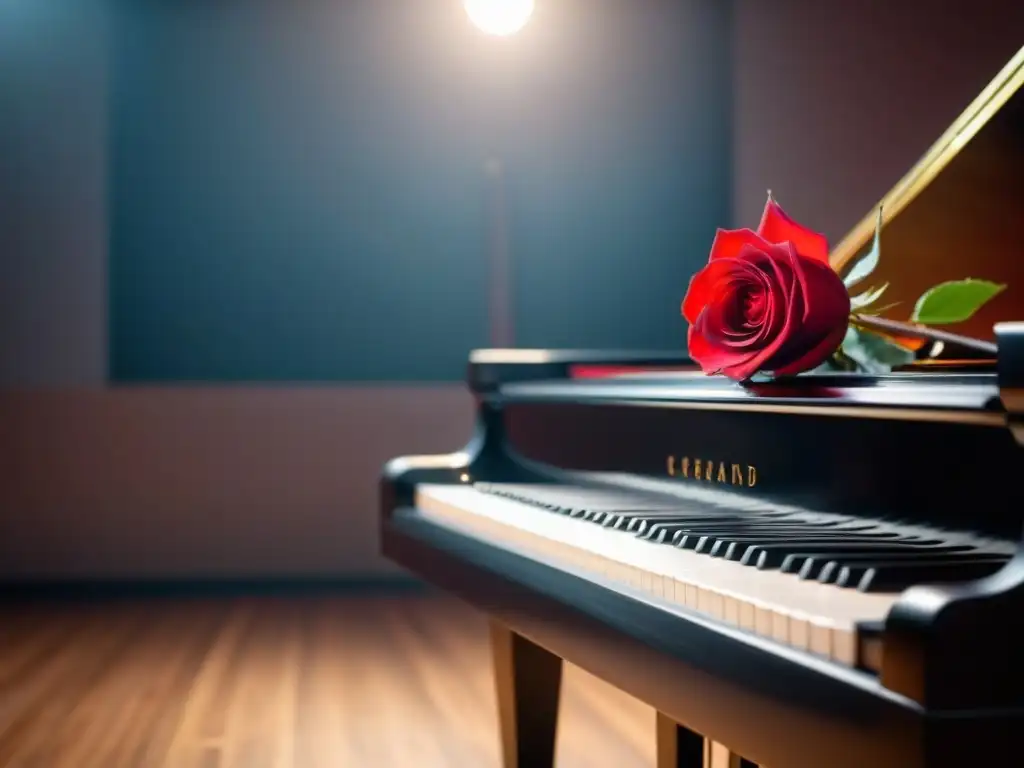 Un escenario minimalista con un elegante piano negro bajo un foco, una rosa roja sobre las teclas