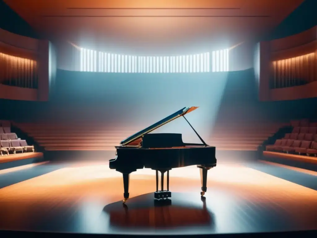 Un escenario minimalista con un piano y filas de asientos vacíos