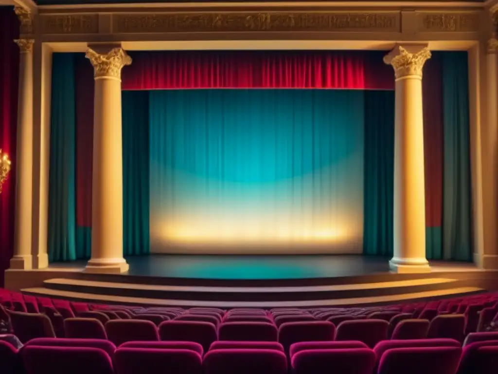 Escenario neoclásico de teatro vacío iluminado por un foco, creando una atmósfera de poesía y elegancia