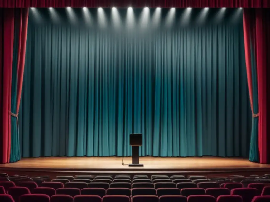 Un escenario en penumbra con un micrófono bajo un foco, rodeado de sillas vacías en un teatro oscuro