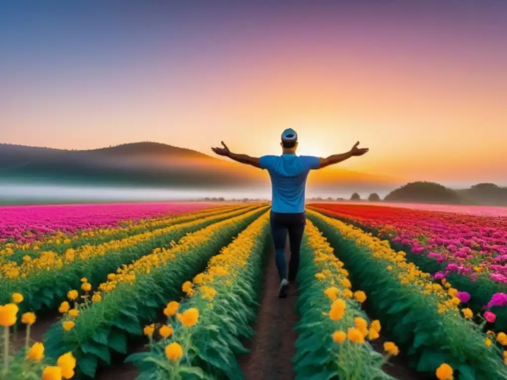 Un escenario de realidad virtual con un personaje solitario entre flores, brazos abiertos al cielo al atardecer