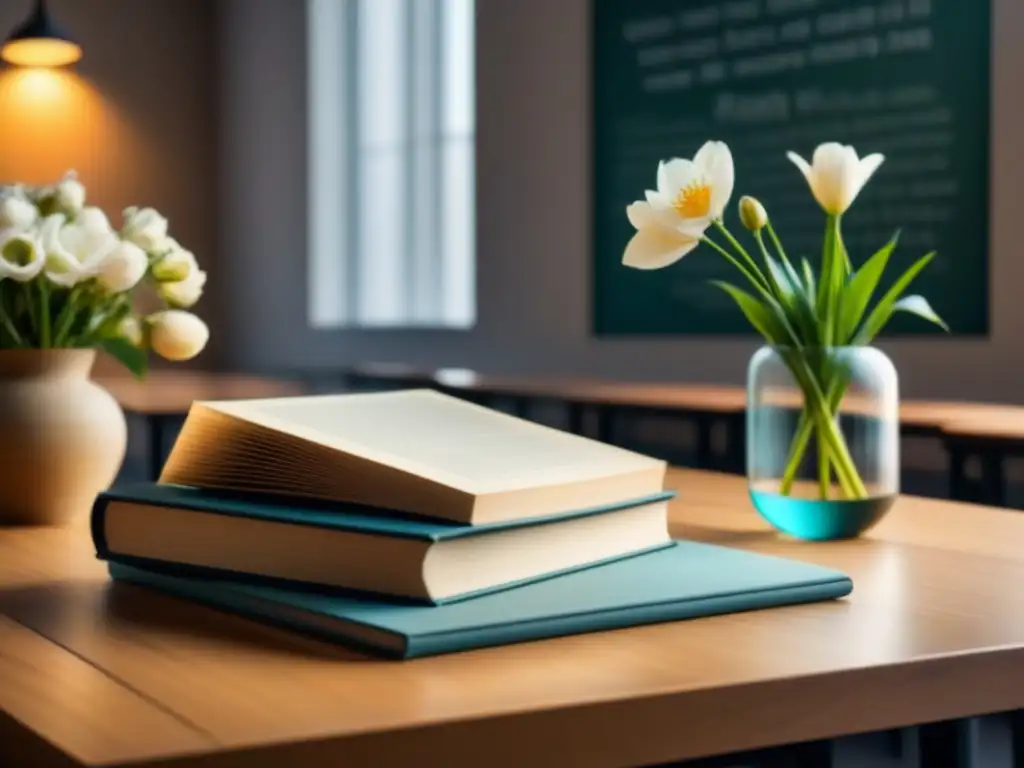 Escenario sereno de aula con escritorio de madera, libros de poesía y poema a mano, inspirando educación poética en aulas