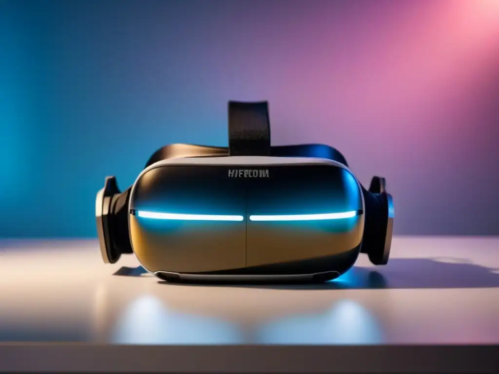 Un escenario sereno y minimalista con un auricular de realidad virtual sobre un escritorio futurista