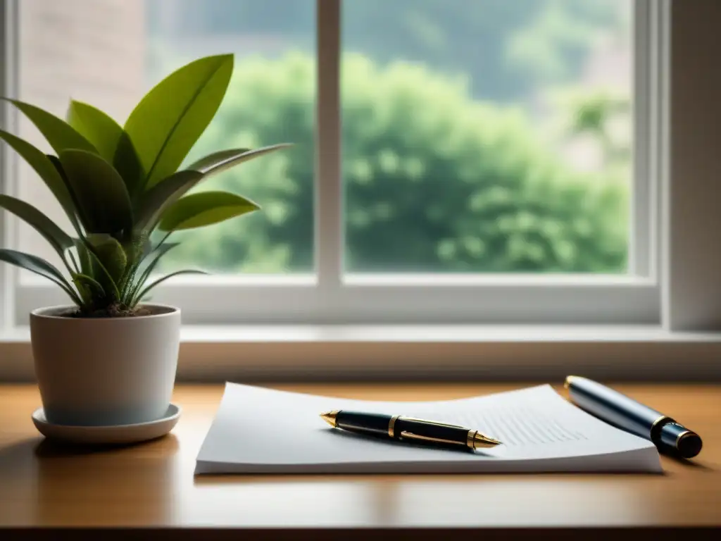 Un escenario sereno y minimalista: un elegante escritorio moderno con una pluma fuente, papel blanco, luz natural y elementos inspiradores