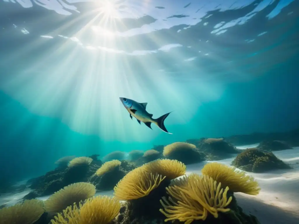 Un escenario submarino con una escuela de peces iridiscentes deslizándose graciosamente entre aguas cristalinas, rodeados de algas ondeando suavemente