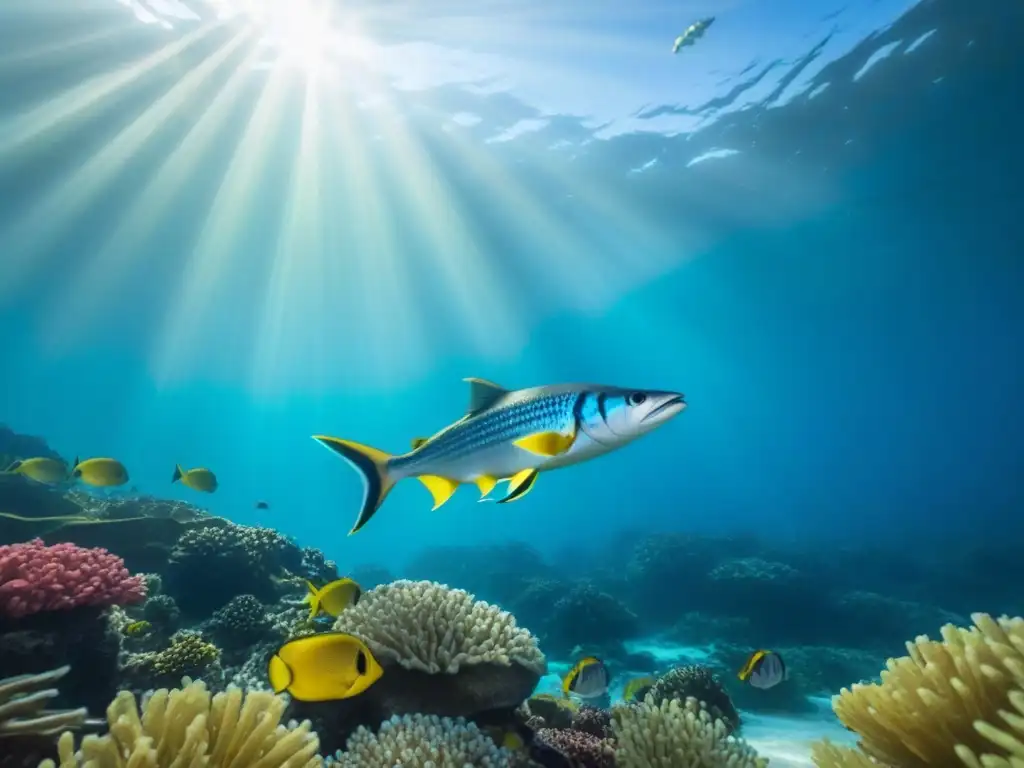 Un escenario submarino intrincado con rayos de sol etéreos iluminando un grupo de peces relucientes nadando entre arrecifes de coral vibrantes