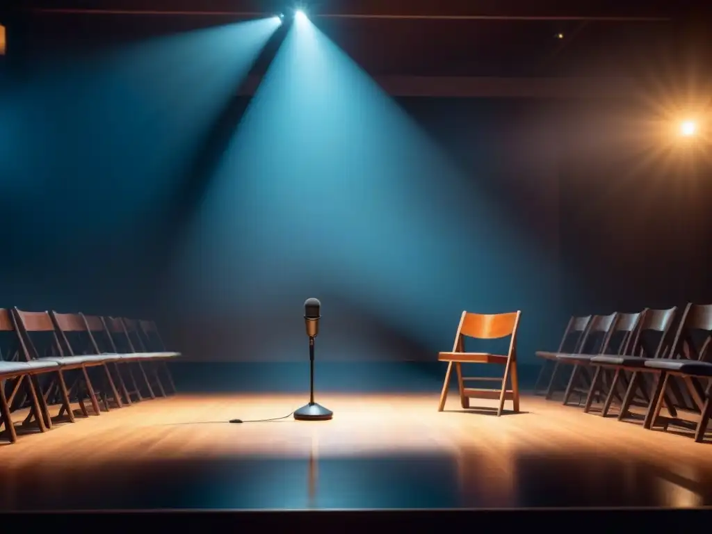 Un escenario vacío iluminado por un foco sobre un micrófono solitario, evocando la atmósfera serena de un evento poético