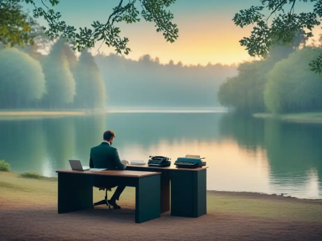 Un escritor contemplativo en un retiro rodeado de naturaleza serena y un lago al atardecer, con una máquina de escribir vintage