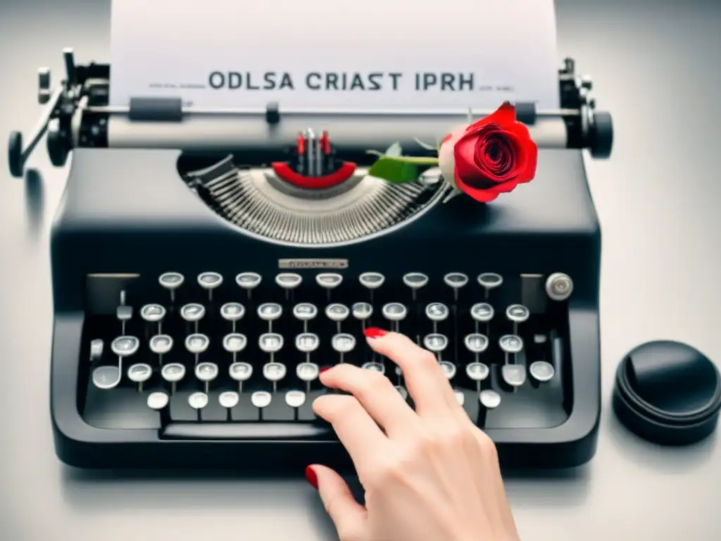 Un escritor reflexiona en su máquina de escribir vintage, con una rosa roja