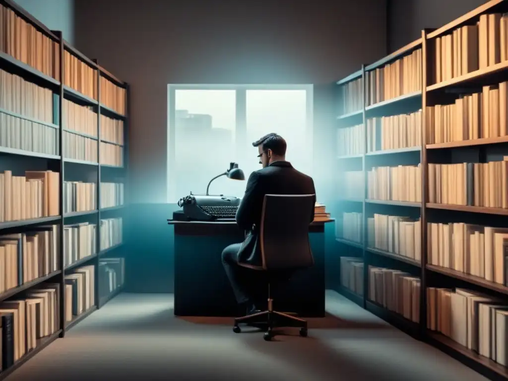 Un escritor solitario rodeado de libros y una máquina de escribir en un ambiente tenue, evocando el espíritu Beat John Clellon Holmes