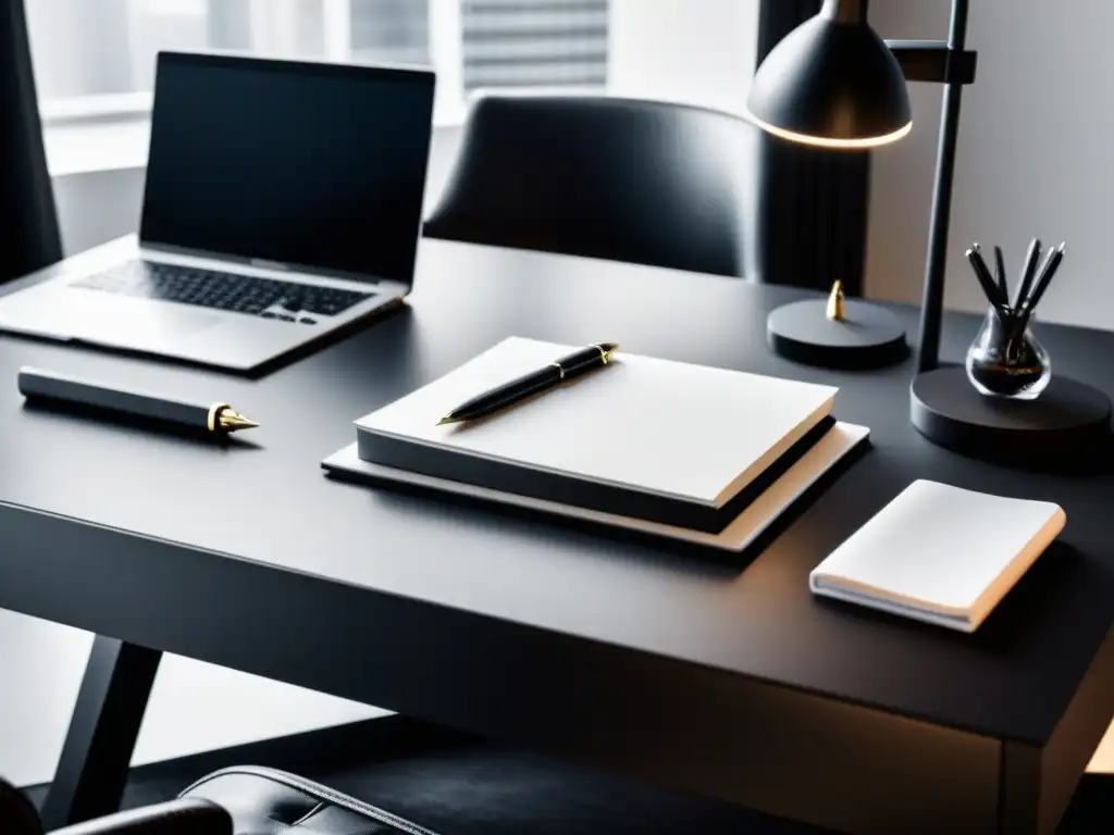 Elegante y lujoso setup de escritorio para potenciar la creatividad Escritorio elegante con accesorios lujo potencian creatividad: pluma diseño, cuaderno cuero, lámpara moderna y laptop
