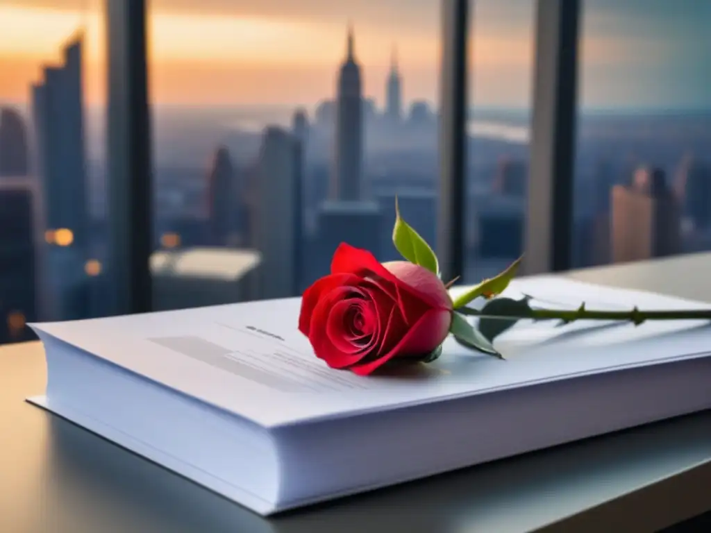 Un escritorio elegante con una rosa roja sobre documentos corporativos, reflejando la alianza entre poesía y profesionalismo en la ciudad al atardecer