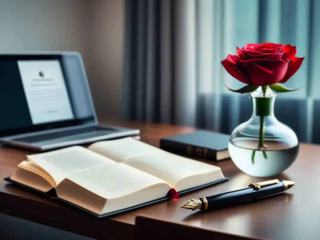 Escritorio de escritor con laptop, páginas en blanco, pluma vintage y rosa roja en jarrón