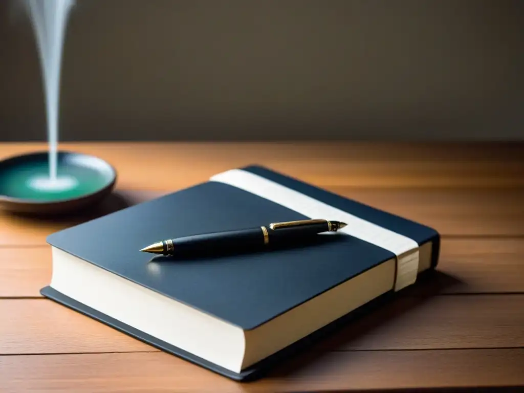 Escritorio de madera con cuaderno en blanco y pluma, ideal para ideas para poemas inspiradores