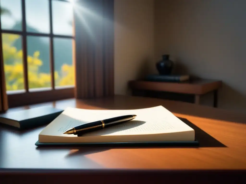 Un escritorio de madera oscura bañado por la luz natural, con pluma y diario en blanco