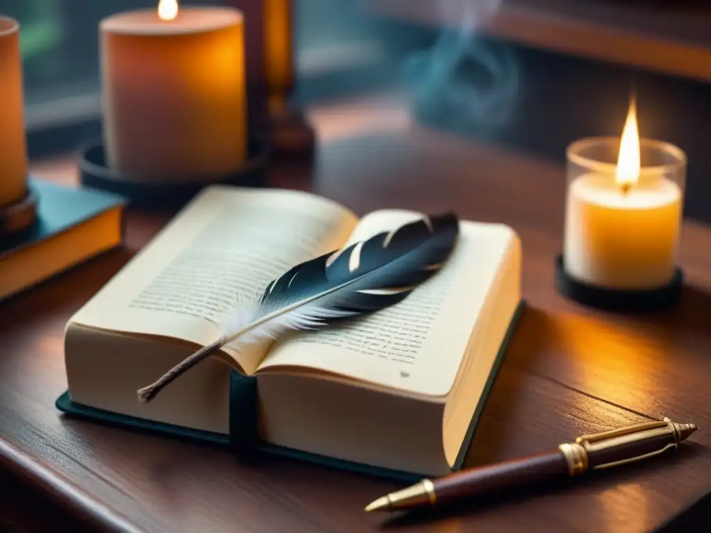 Escritorio de madera con pluma blanca sobre cuaderno de cuero, iluminado por vela