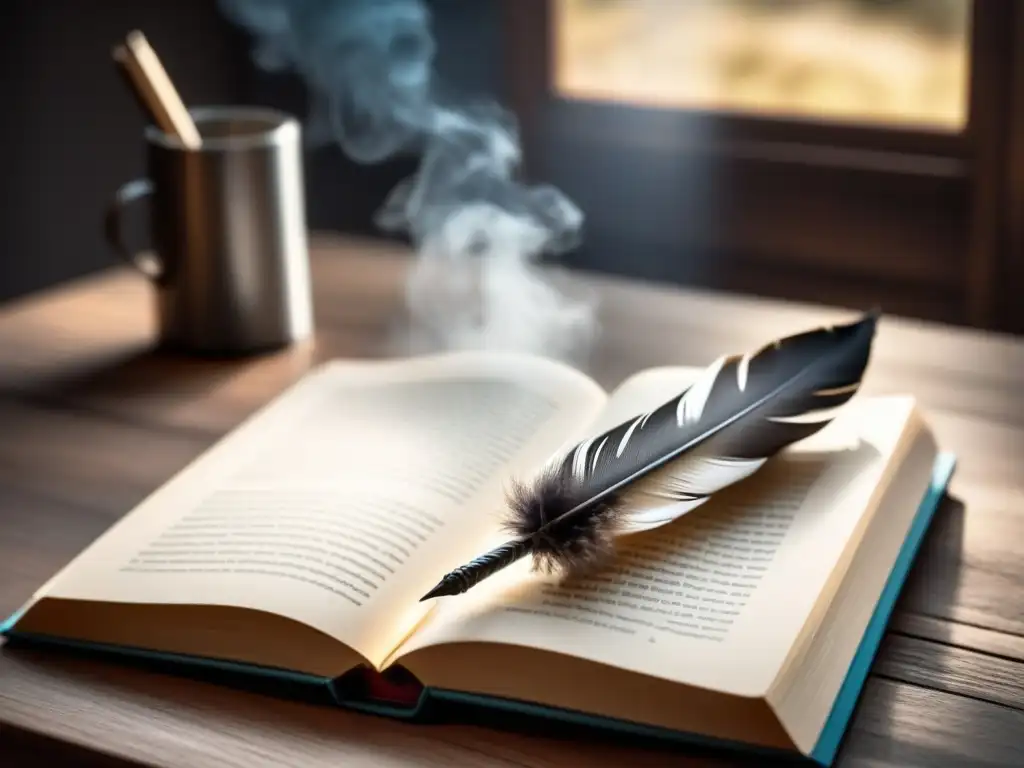Pluma y libro en mesa de madera: escena serena Un escritorio de madera con pluma y libro, iluminados por un rayo de luz, evocando una atmósfera serena y contemplativa