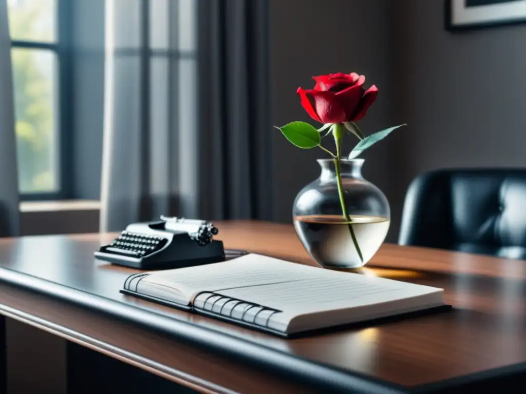 Escritorio minimalista en blanco y negro con una rosa roja en un jarrón delgado