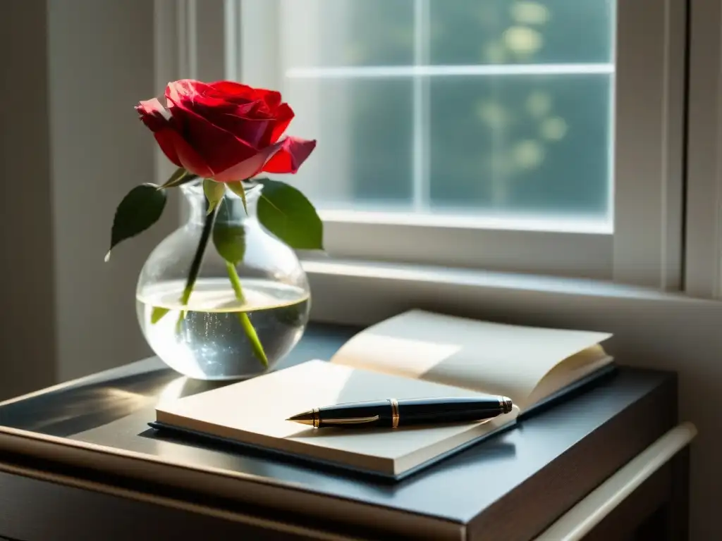 Un escritorio minimalista con cuadernos en blanco, pluma y rosa roja en florero de cristal