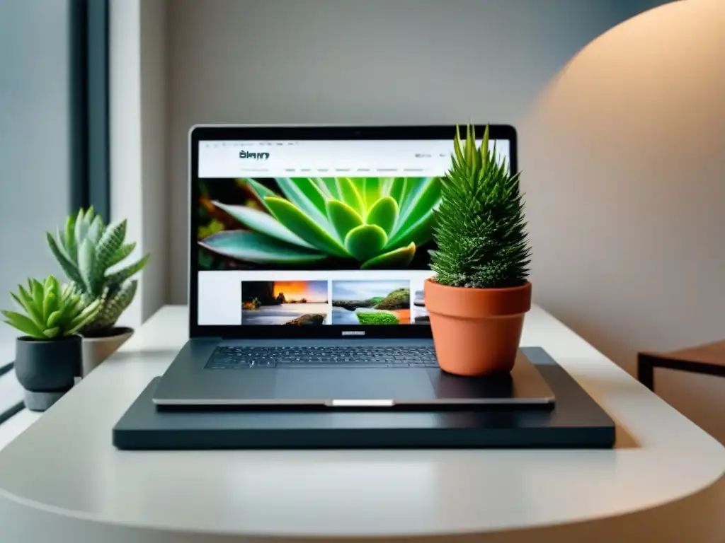 Escritorio minimalista con laptop, pluma elegante y suculentas en maceta