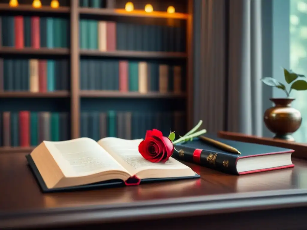 Escritorio minimalista con poesía, libros y una rosa roja en jarrón de cristal