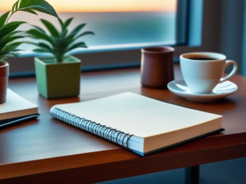 Escritorio minimalista para escritores creativos: inspiración profesional Escritorio moderno para escritor: pluma elegante, cuaderno en blanco, planta, café