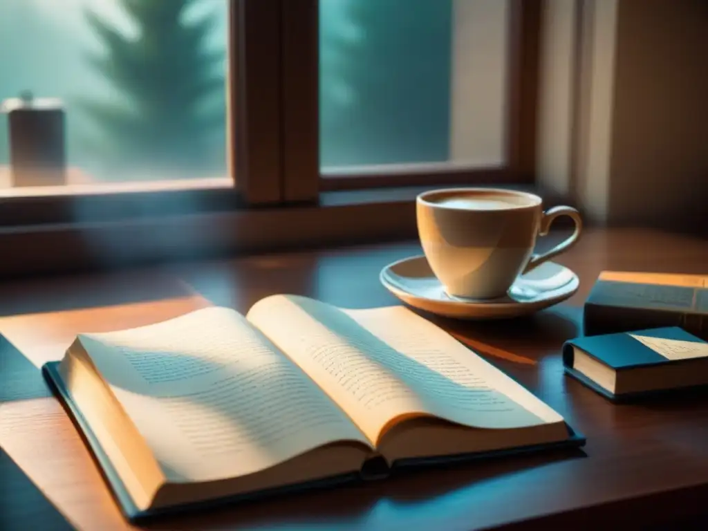 Escritorio moderno con libros de poesía, pluma, cuaderno y café, bañado en luz natural para concursos literarios poesía checklist enviar