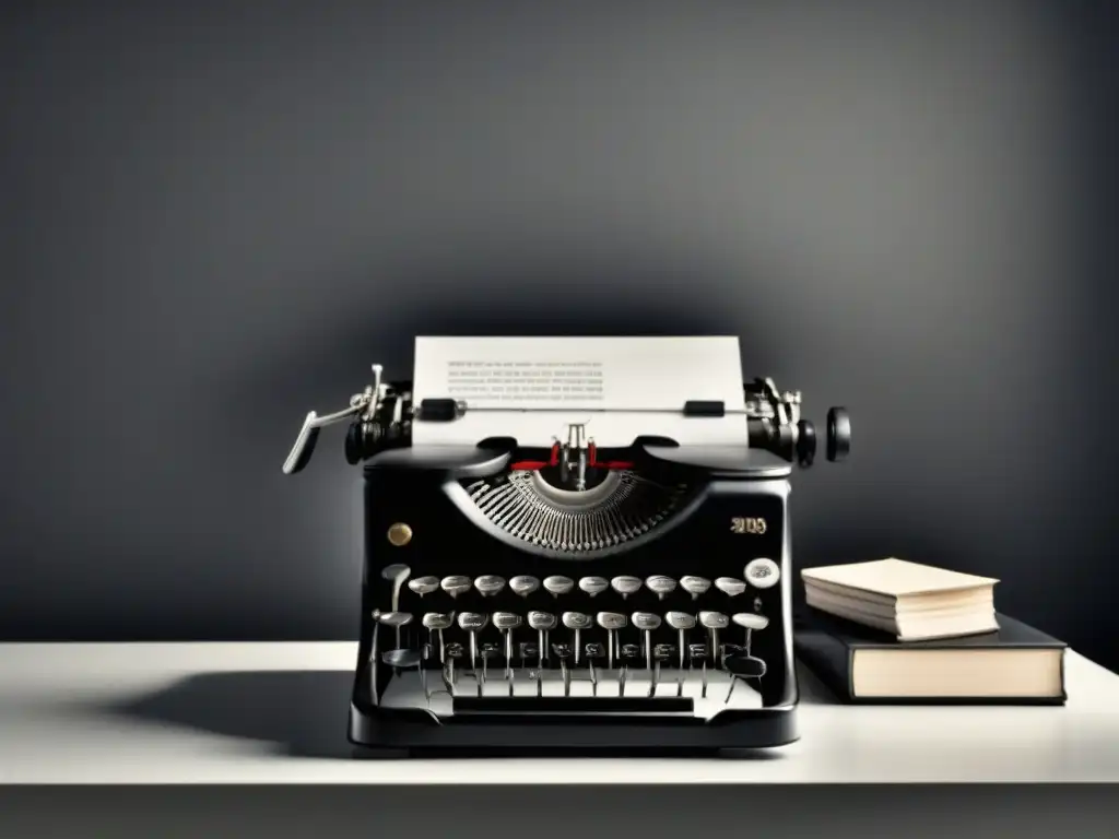 Escritorio moderno con máquina de escribir vintage en blanco y negro, resaltando contraste entre tradición y modernidad
