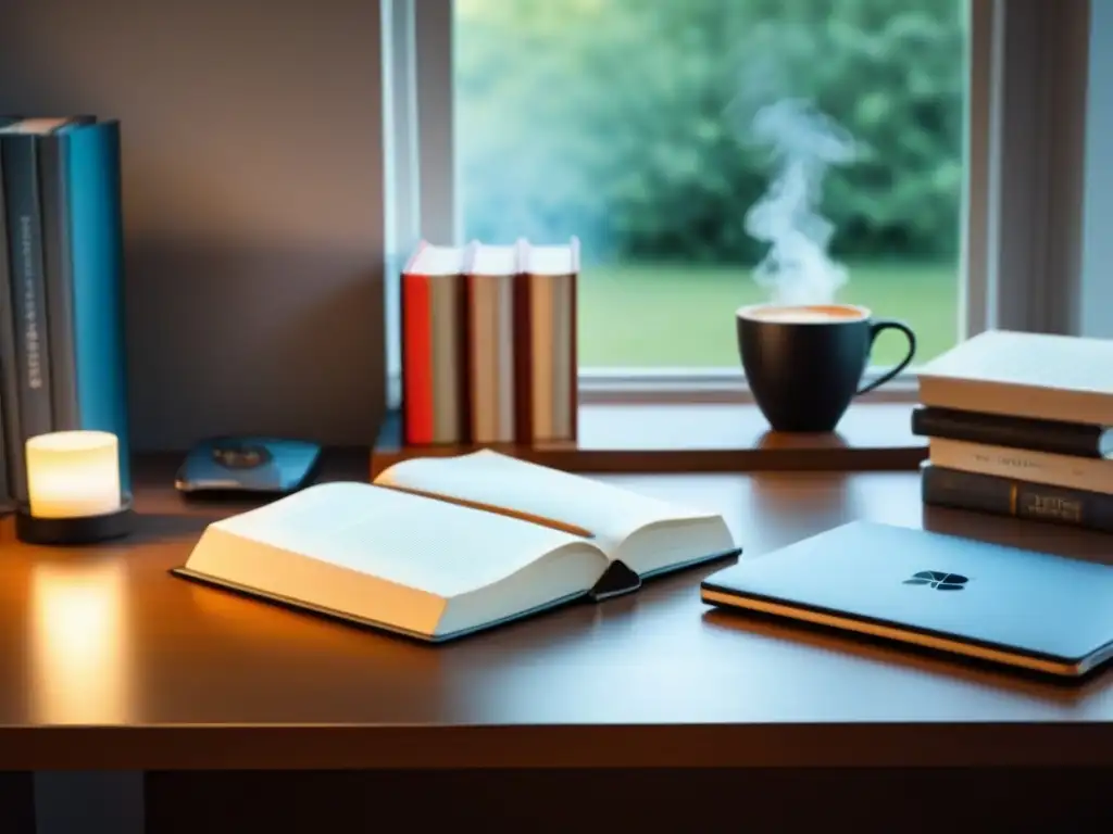 Un escritorio moderno y minimalista con libros de poesía, un portátil y café, iluminado por luz natural