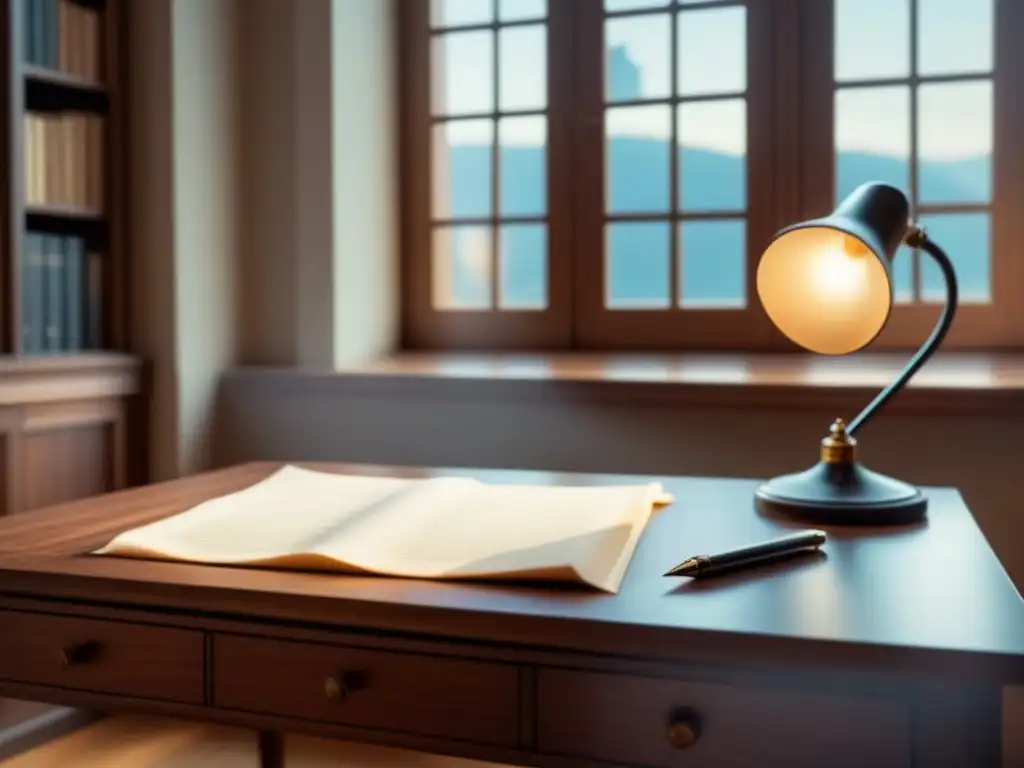 Un escritorio moderno con pluma y pergamino iluminado por luz natural