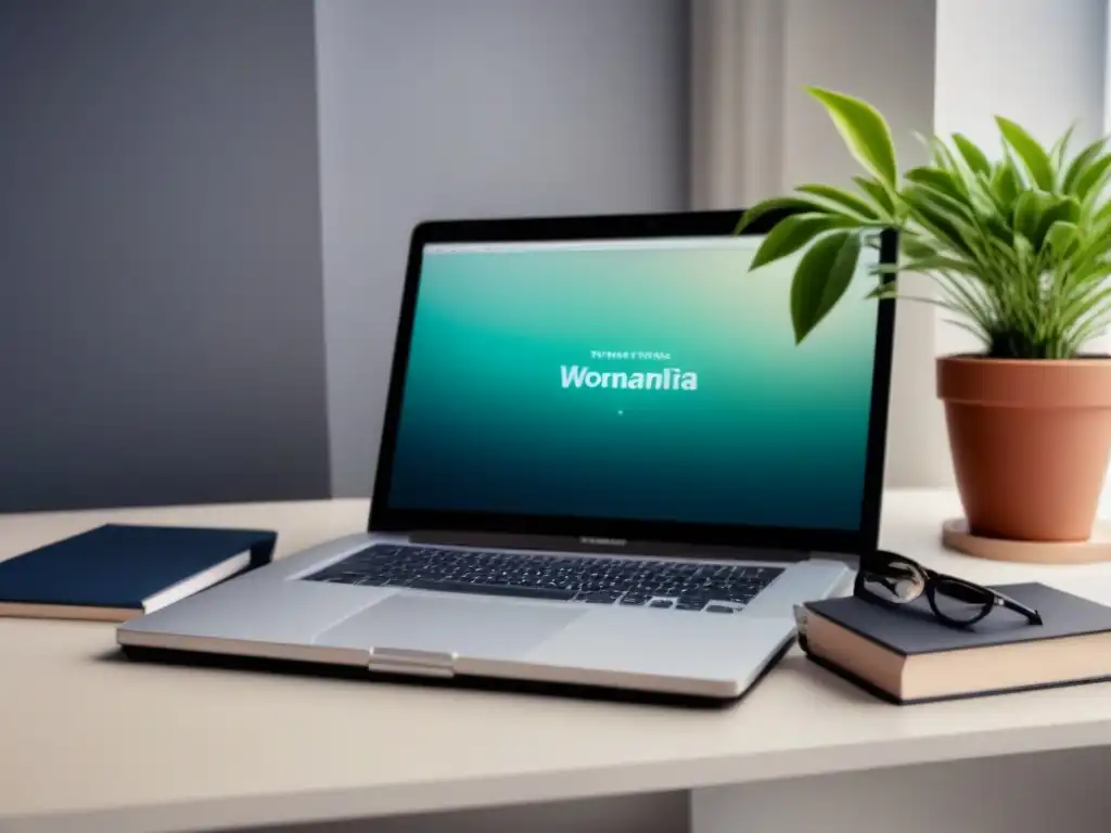 Escritorio minimalista: inspiración para autores emergentes Escritorio moderno con laptop, libros, planta y pluma
