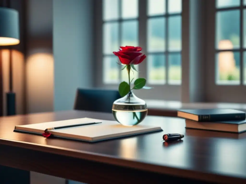 Escritorio moderno con rosa roja: éxito publicitario con poesía
