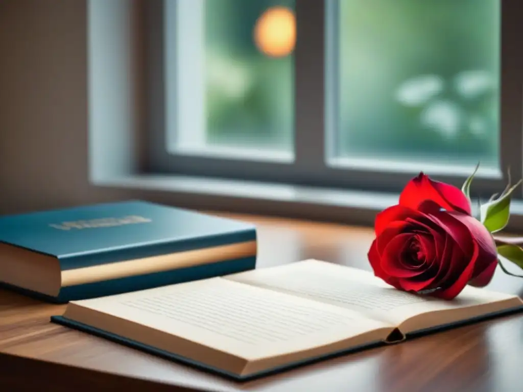 Escritorio moderno con una rosa roja sobre libros de poesía, iluminado por luz natural