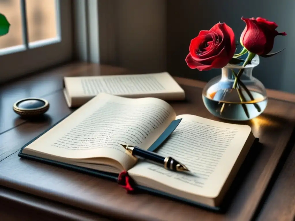 Un escritorio de poeta con cuaderno de poesía, pluma, reloj de arena vintage y rosa roja en jarrón