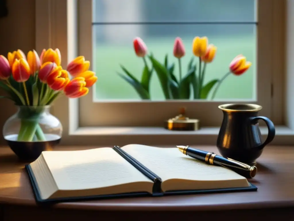 Un escritorio de poeta detallado, con pluma, cuaderno, lámpara, café, tulipanes y ventana soleada