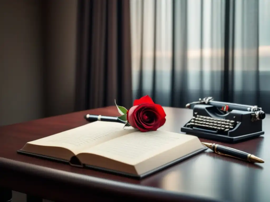 Un escritorio de poeta solitario con pluma de plata y rosa roja, bañado en luz natural