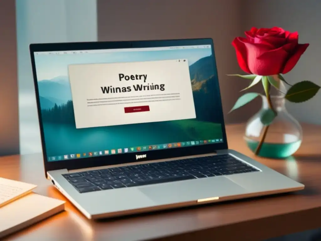 Escritorio poético con laptop moderna iluminada, libros de poesía y rosa roja