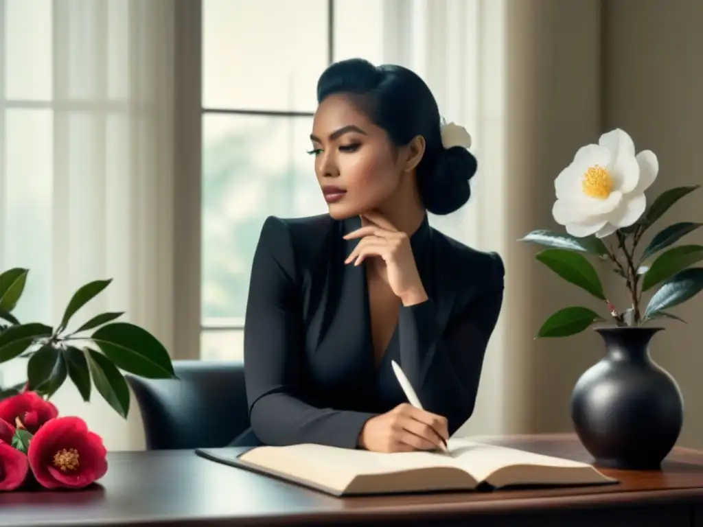 Silueta de Rosalía de Castro: inspiración poética en blanco y negro Rosalia de Castro en su escritorio, rodeada de camelias y plumas, reflejando su realismo poético
