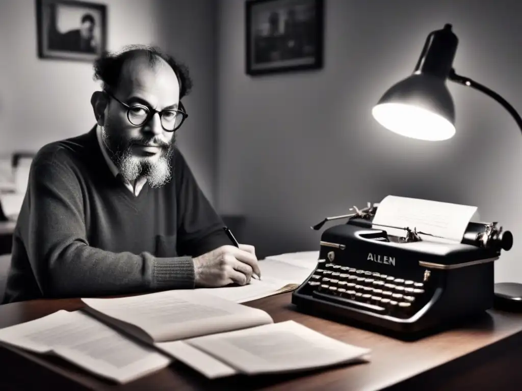 Allen Ginsberg en su escritorio, rodeado de poesía escrita a mano y una antigua máquina de escribir