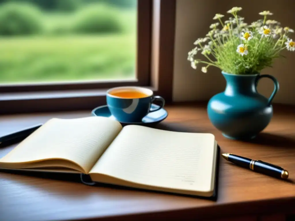 Un escritorio sereno para escritores contemplativos: cuaderno en blanco, pluma vintage, té caliente y flores silvestres