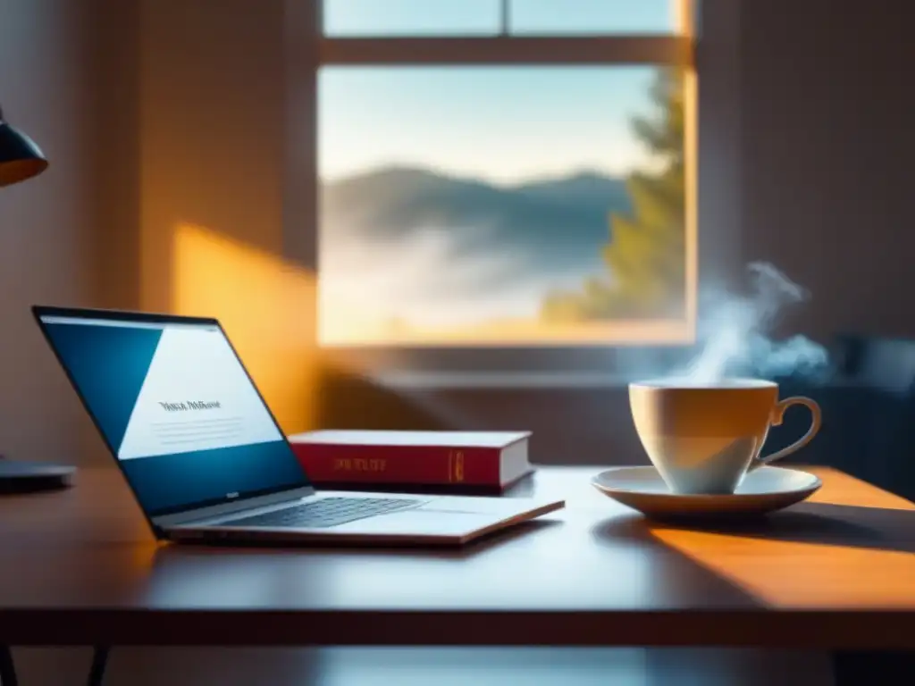 Escritorio de escritor en la hora dorada: inspiración y productividad Escritorio solitario bañado en luz dorada, con laptop, café y libros