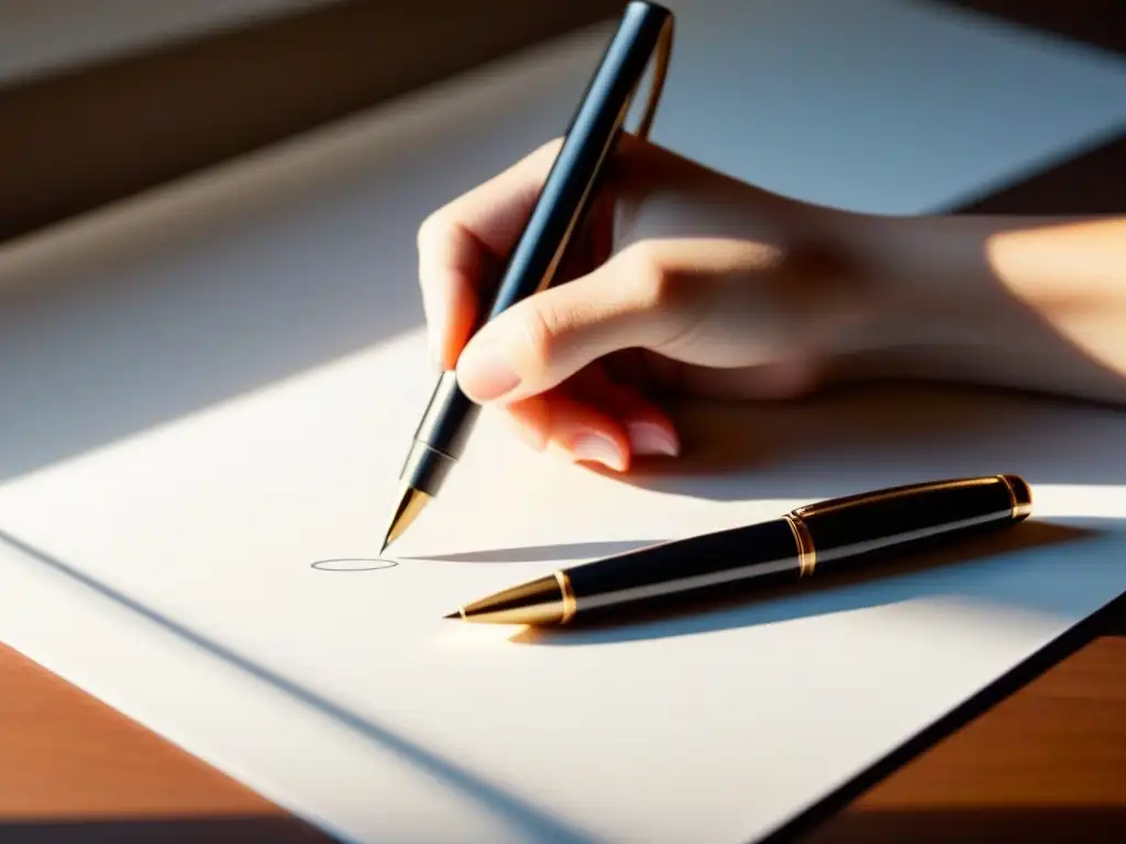 Pluma moderna sobre papel blanco: ambiente sereno para escribir Escritura creativa inspiradora con certificaciones para autores emergentes