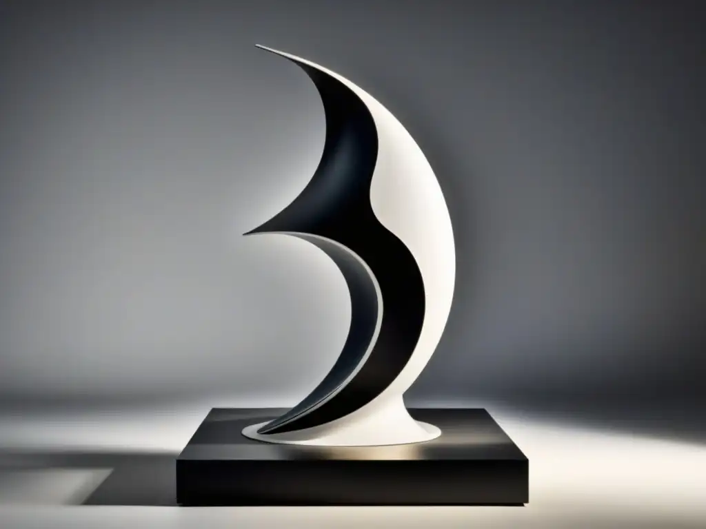 Escultura contemporánea en blanco y negro inspirada en poesía, que transmite movimiento y emoción