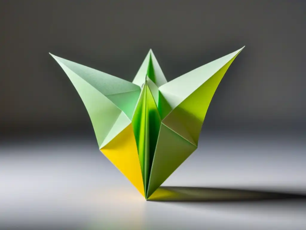 Escultura de origami delicada y detallada en papel translúcido, proyecta sombra sutil